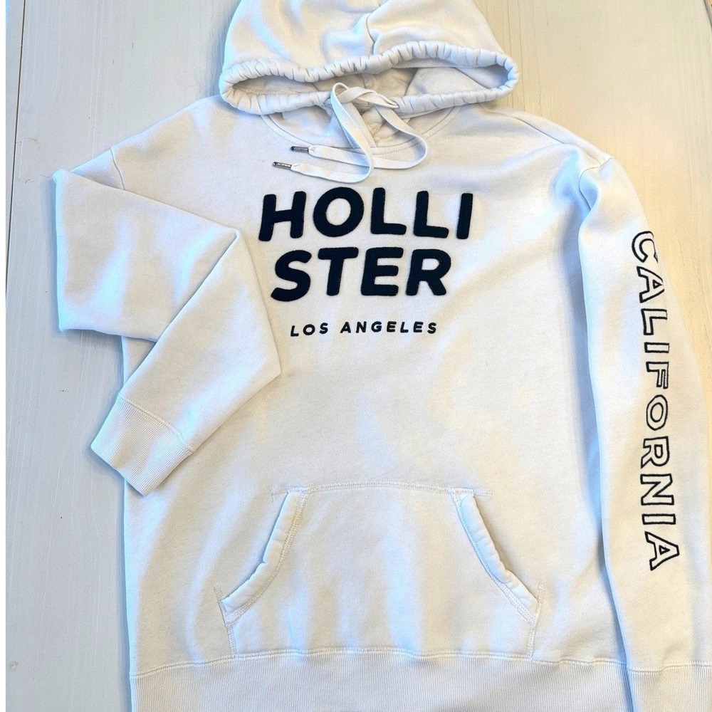 Hollister Los Angeles California Hoodie White Chenille Logo Sweatshirt Womens L